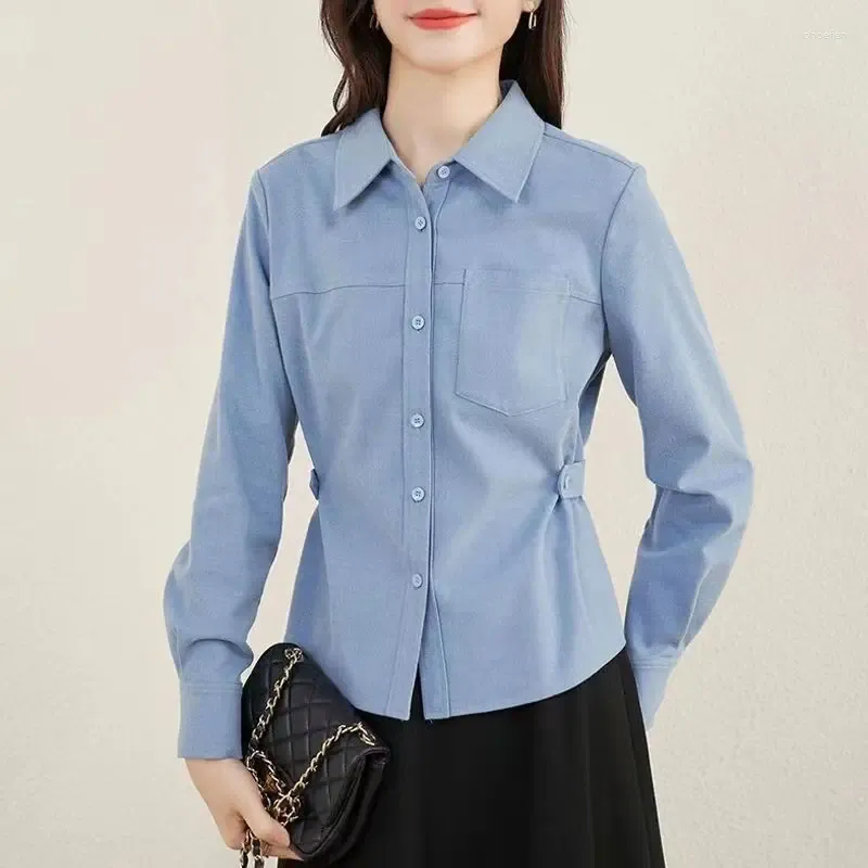 Kvinnors blusar Spring Autumn Fashion Elegant Polo Collar Solid Long Sleeve Shirt Casual mångsidig västra pendlare Bekväma toppar