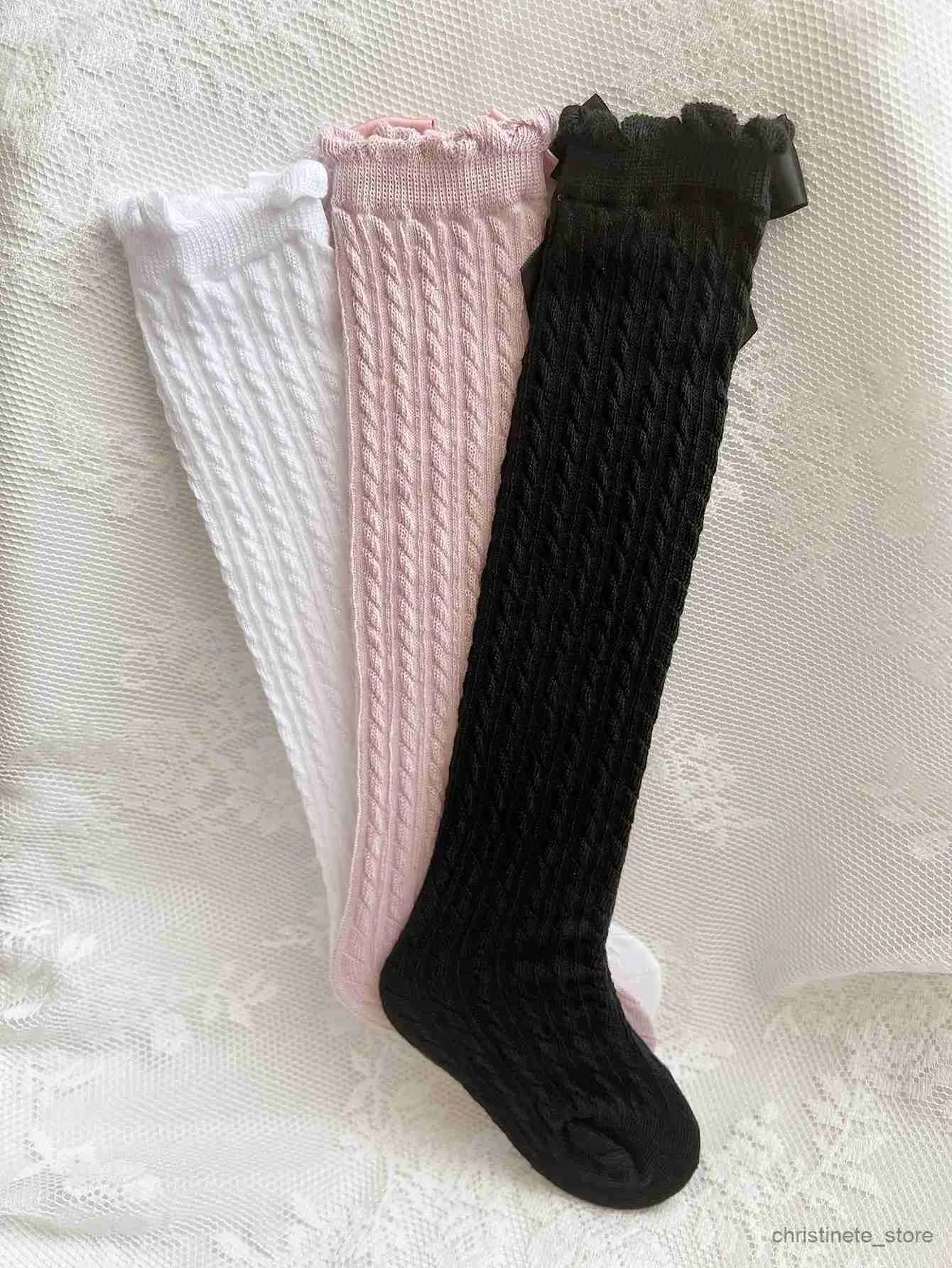 Chaussettes pour enfants, 3 paires, chaussettes longues avec nœud décoratif sur le mollet, R231204