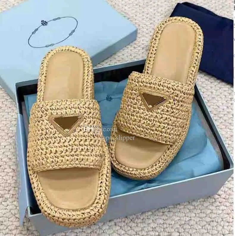 Woman sandal slipper platform slides raffia weave soles Triangle-logo Crochet with Enameled Metal shoes summer sandals luxury designer with box 35-40