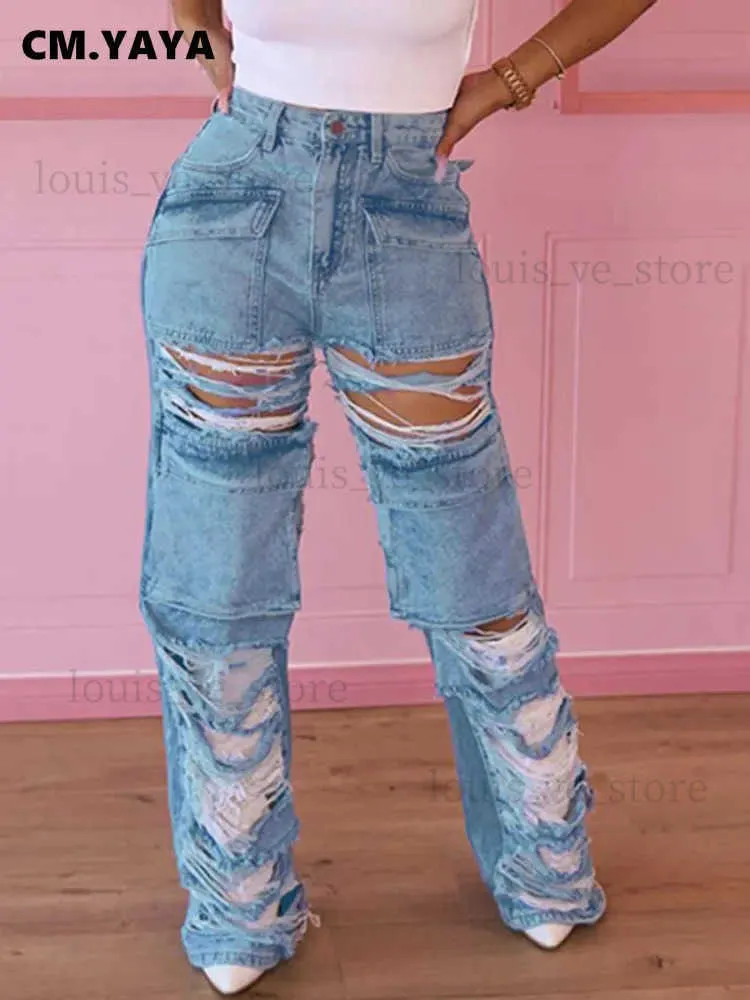 Damenjeans CM.YAYA Damenmode Ripped Hollow Out Quaste Tasche Vorne Safari Style Jeans 2023 Neue Sommer INS Street Denim Hosen Hosen T231204