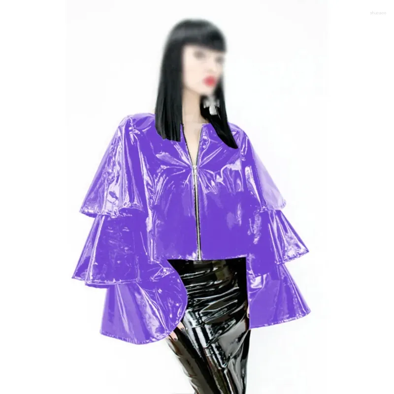 Damesjassen Gothic Sexy Glanzend PVC Leer Ruche Gelaagde Lange Flare Mouw Jas Ritssluiting Dames Lady Club Mode S-7XL