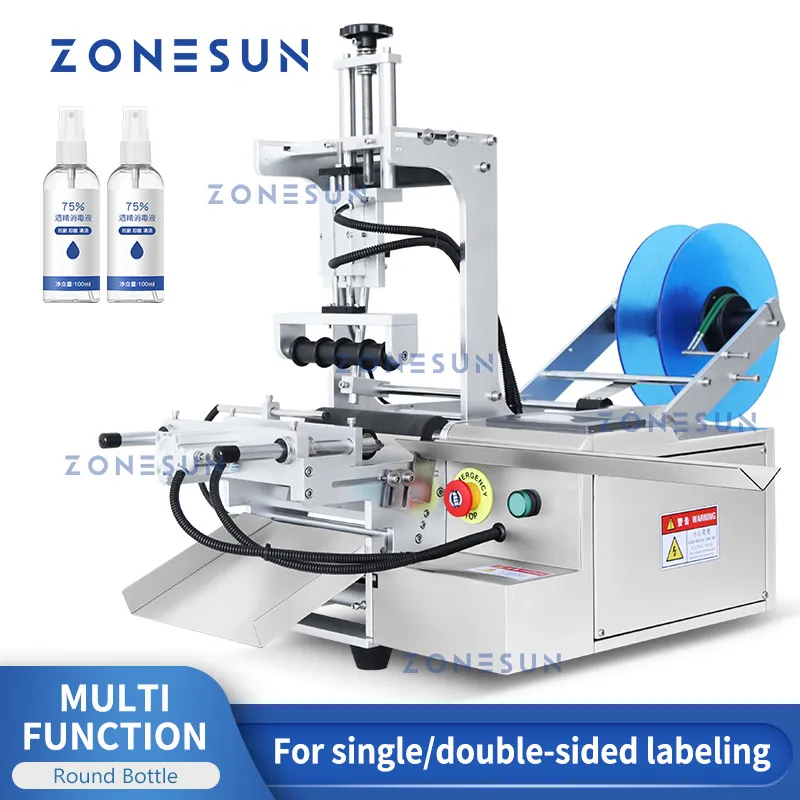 ZONESUN Verpakkingsmachine Tafelblad Etiketteermachine Ronde cilindrische flessen Water Drank Cosmetische producten Etiketapplicator Glijbaan ZS-TB101