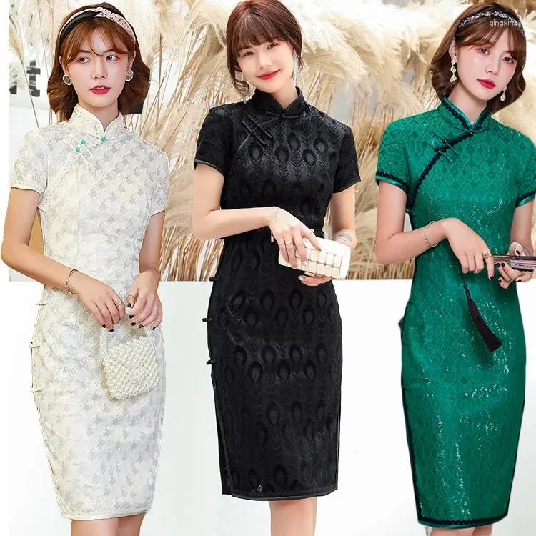 Etnische kledingstijl Lente Zomer Verbeterde Qipao Kanten Jurk Slanke Retro Mode Dameskleding Cheongsam