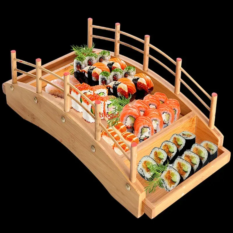 Sushi Tools Japanese Wood Wood Cuisine Bridge Boats Pine Creative Sashimi Plate Platter Table Provised Decoration Y231204