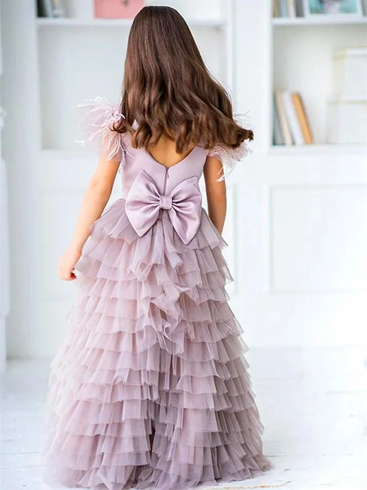 Vestidos da menina crianças surpresa presente de aniversário adorável tule renda impresso pena flor vestido princesa bola primeira comunhão