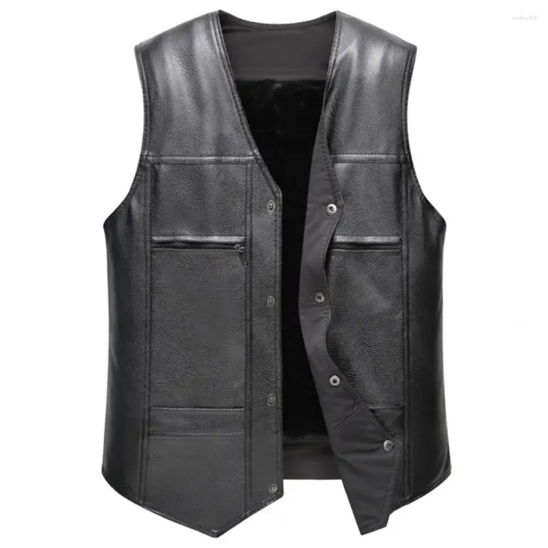 Gilets pour hommes hommes gilet sans manches faux cuir moto chaud automne hiver veste simple boutonnage col en v manteau pour