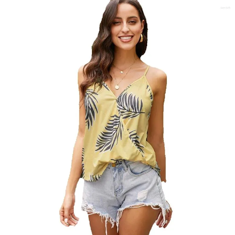 Saias Shi Ying Planta Tropical Impressão Tanque Top para Mulheres Verão 2023 V-Neck Slim Fit 251916