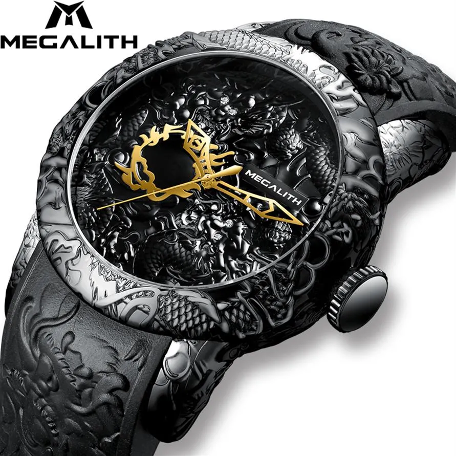 MEGALITH Mode Gold Drachen Skulptur Uhr Männer Quarzuhr Wasserdichte Große Zifferblatt Sport Uhren Männer Uhr Top Luxus Marke Uhr l3132