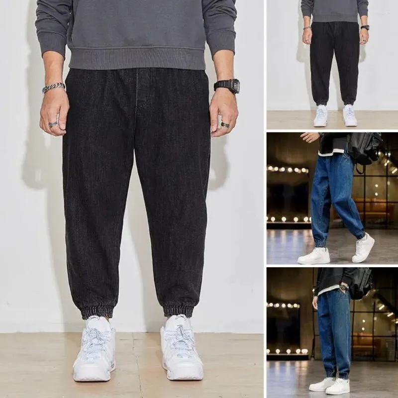 Мужские джинсы 2023, мужские однотонные свободные цветные брюки с эластичной резинкой на талии и прочными карманами до щиколотки, повседневные длинные брюки с глубоким шаговым швом