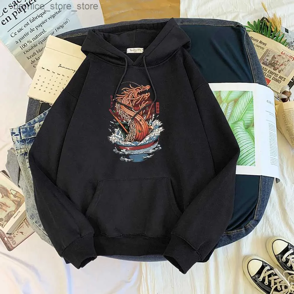 Herrtröjor tröjor ukiyo e stil drake sushi nudel serier hoody mens höst lös tröja hösten crewneck kläder lösa pocket pock hoody q231204