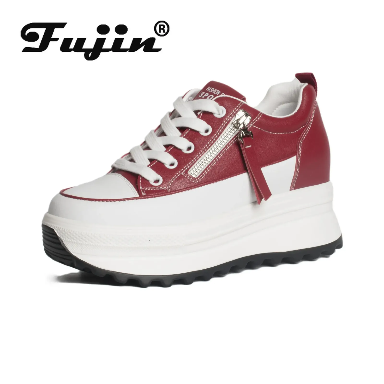 Klädskor fujin 7cm äkta läder kvinnliga plattformskor kilsneakers spetsar upp 231204