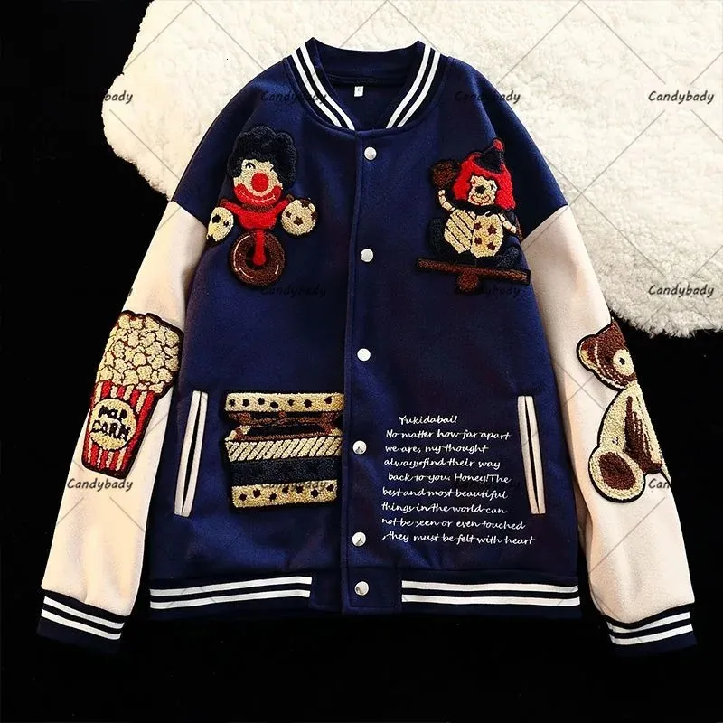 Men's Jackets American Street Flocking Embroidered Clown Baseball Uniform Y2K Retro Hong Kong Fashion Casual Couple Jacket For Men And Women 231204