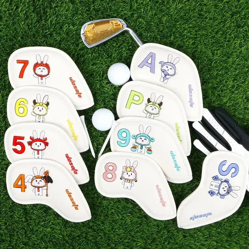 Club Heads 9Pcs Embroidered PU Golf Club Iron Head Covers Protector Golfs Head Cover Set Golf Accessories Golf Putter Cover Golf Headcover 231204