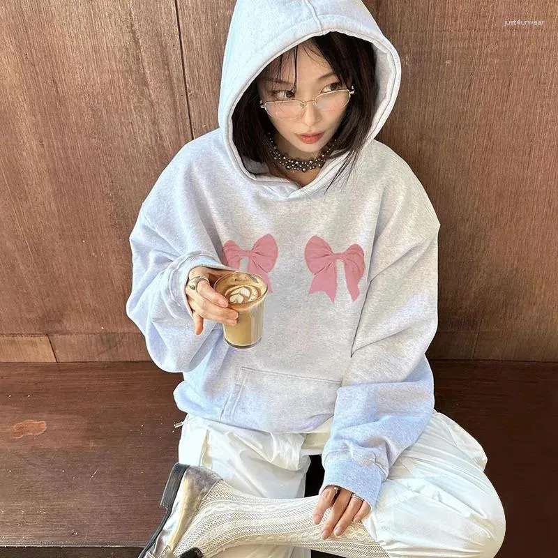 Women's Hoodies Harajuku Bow Print Loose Autumn Casual Full Sleeve Hooded Sweatshirt Women Oversized Pullovers Y2k Street Style Gir