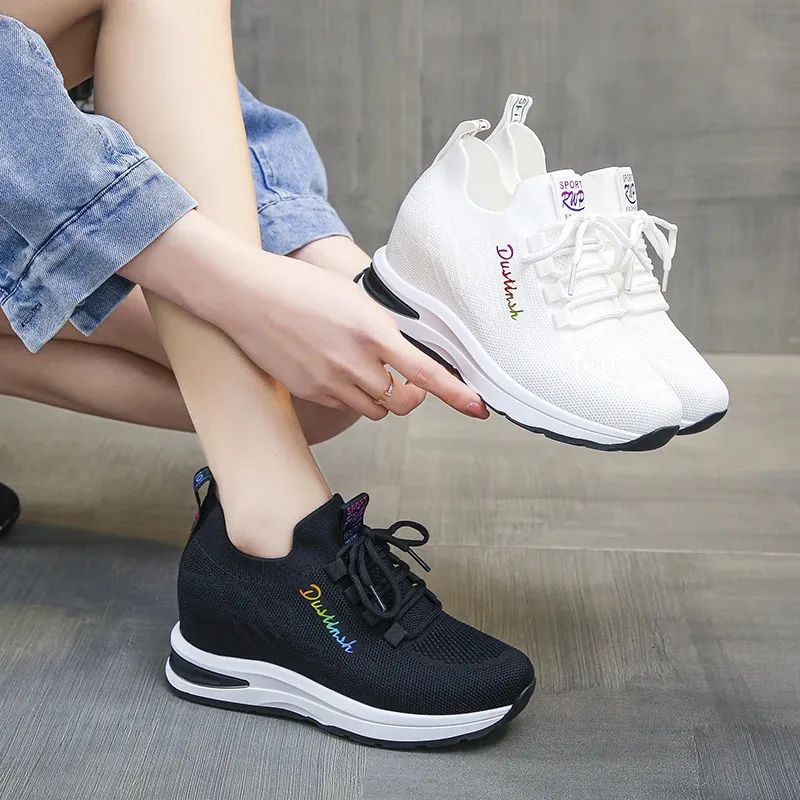 Height Increasing Shoes Women's Shoes Summer Hidden Heel Wedges White Pink Sneakers Female Platform Breathable Mesh Black High Heel Casual Shoes 231204