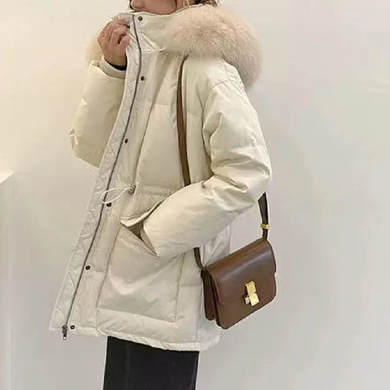 Kadınlar Kısa 2023 Koreli Sıradan Gevşek ve Kalınlaştırılmış Sıcak Beyaz Ördek Kış Paltosu Büyük Yakalamalı Ceket Dış Hava Spor Ceket Moda