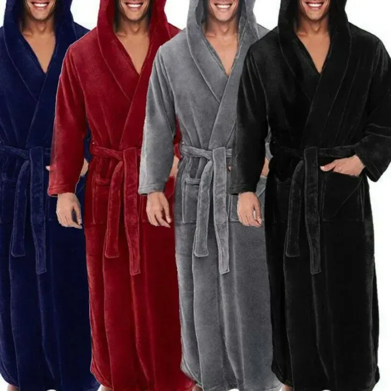 Män mjuk korallfleece fast färgfickor lång badrock hemklänning sömnkläder män pajamas pajamas set sömnkläder set loungewear