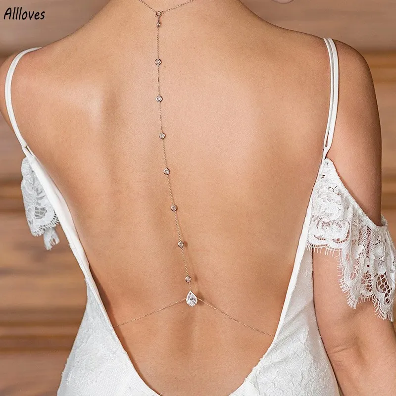 Luxury Wedding Rhinestone Backdrop Chain Layered Water Drop Crystal Pendant Bakkedjan Lång Tasselhalsband för kvinnor Sexig kroppskedja Backless Dress Smycken CL3003