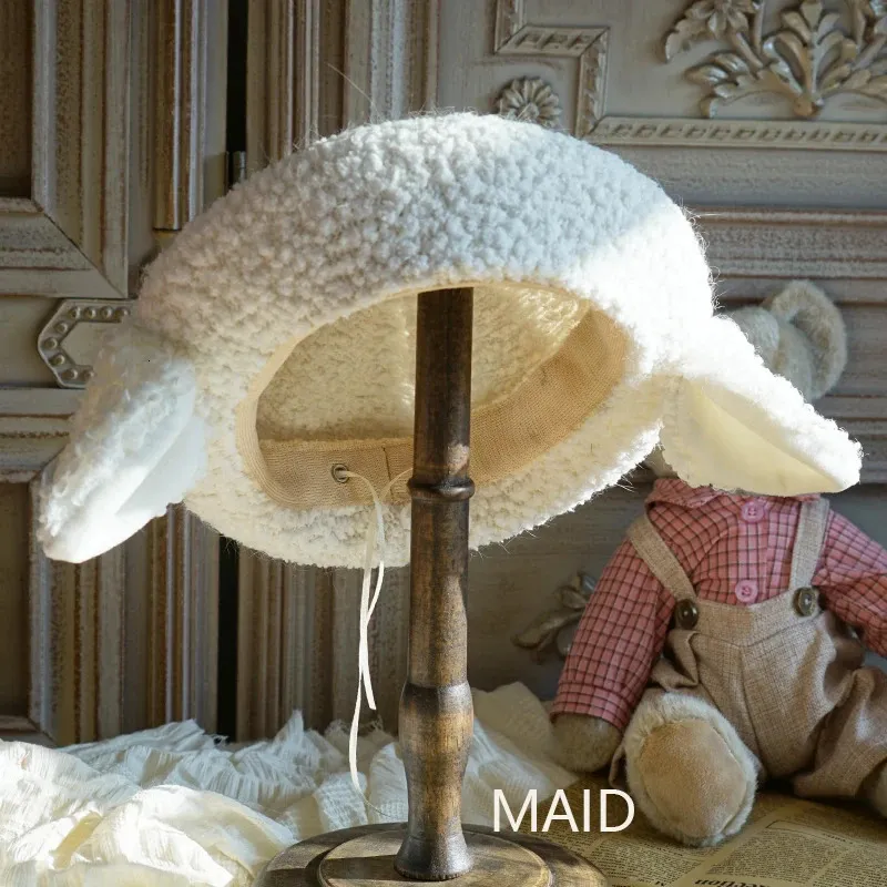 Bérets Béret en peluche avec oreilles de mouton, design Original, en laine d'agneau, Lolita, fait à la main, 231204
