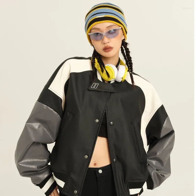 Vestes pour femmes dans les vêtements externes Y2K Winter Bomber Jacket Street Hiphop Couleur Contraste Couture Mode Tops Lâches Manteau Baseball