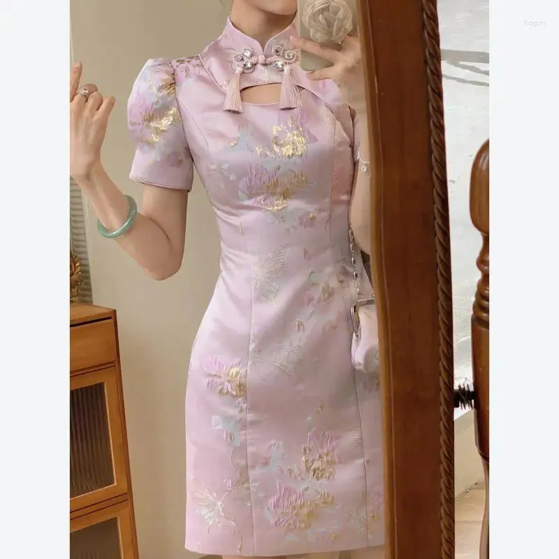 Ethnische Kleidung im chinesischen Stil Qipao Lila Druck Kleider Frauen Satin Cheongsams Verbesserte Vestidos Vintage Mandarin Kragen