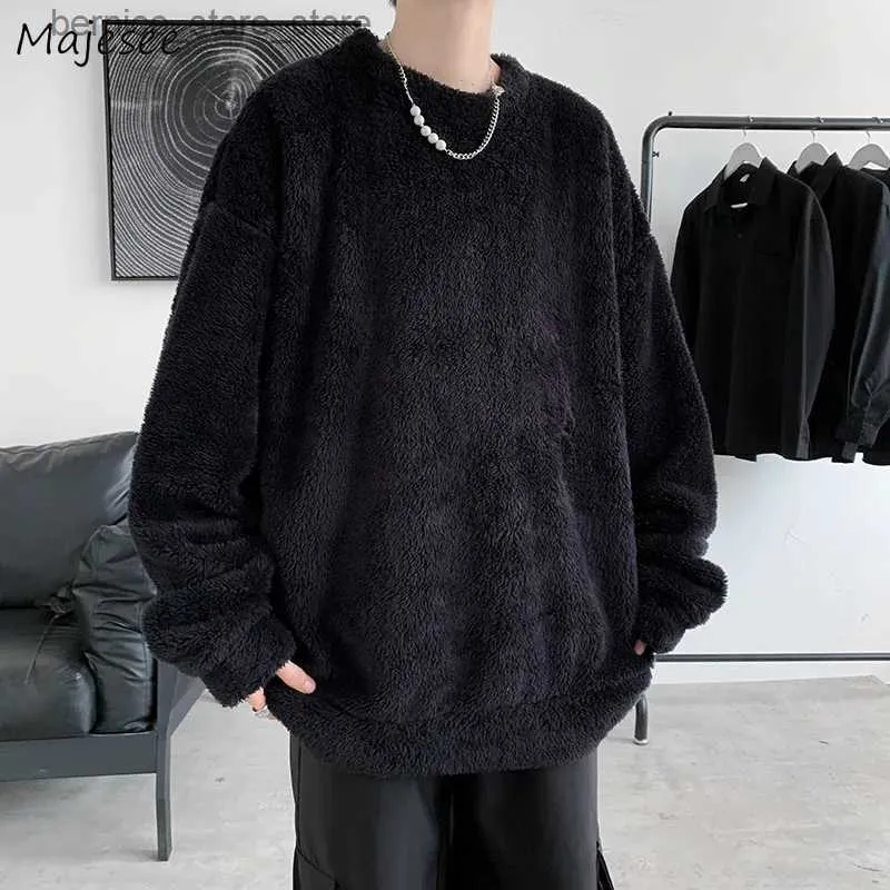 Men's Hoodies Sweatshirts Men O-neck Plush Hoodies Soft Solid Color Male Casual Basic Flannel Warm Comfort Vintage Japan Style Sweatshirts Plus Size S-3XL Q231204