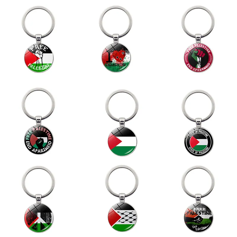 Crystal Glass Palestine Pendant Keychains Round Shape Glasses and Eloy Car Key Chain Good Peace NeyChain Gift 12 Styles