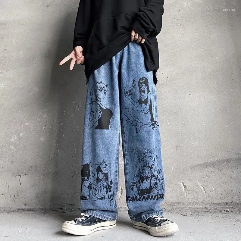 Dżinsy męskie Hip Hop Mężczyźni Kobiety HARAJUKU Streetwear Lose szeroka noga proste swobodne spodnie dżinsowe unisex kreskówkowe manga manga manga spodnie