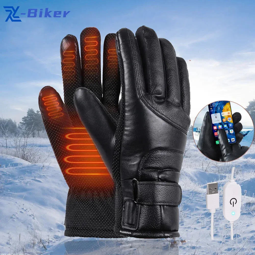 Велосипедные перчатки Мужские перчатки с электрическим подогревом Перезаряжаемые через USB Зимние теплые перчатки с подогревом Мотоциклетные термосумки с сенсорным экраном Байкерские перчатки Водонепроницаемые 231204