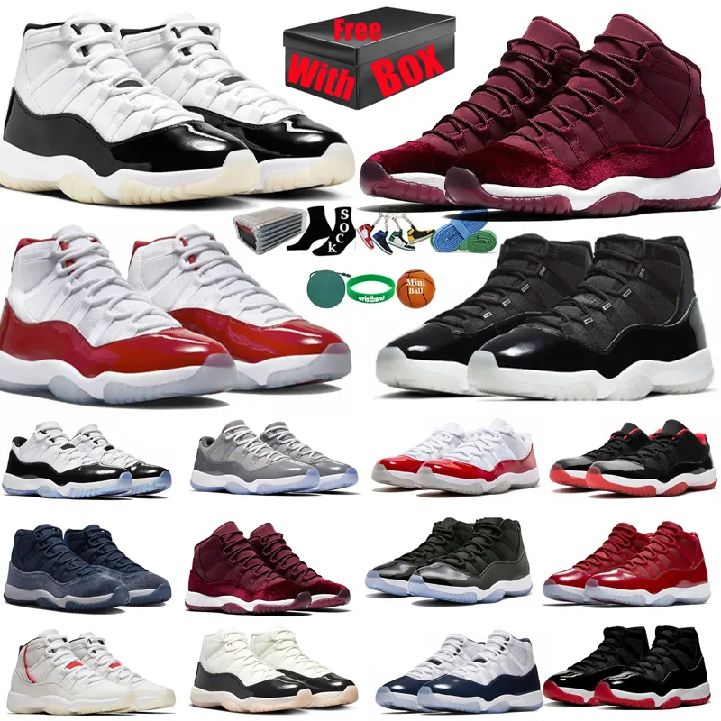 Med Box 11 Basketball Shoes Men Kvinnor 11S Cherry Cool Cement Grey Concord Bred Unc Gamma Blue Midnight Navy DMP Space Jam Olive Anniversary Trainers Sport Sneakers