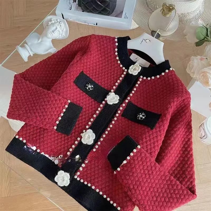 designer Sweater Women 2024 brand down jacket Long Sleeve Knit Tops Winter Pull Femme Beading 3D Floral Clothes Fashion Elegant Cropped Cardigan