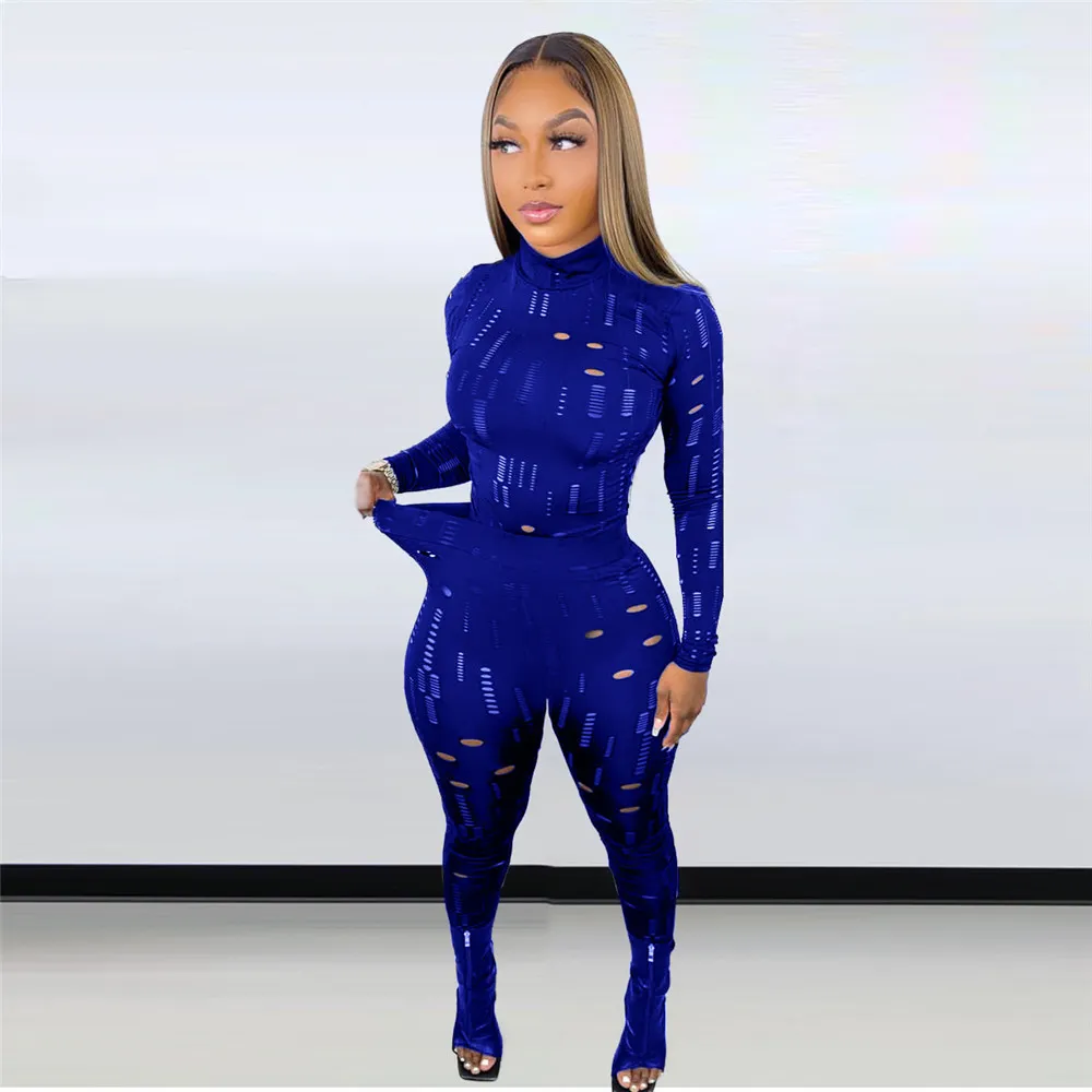 DesignerFall Tracksuits Two Piece Sets Women Outfits Ripped Sweatsuits Long Sleeve Pullover Shirt Top and Pants Casual Holes Sportswear Wholesale Clothes 9198