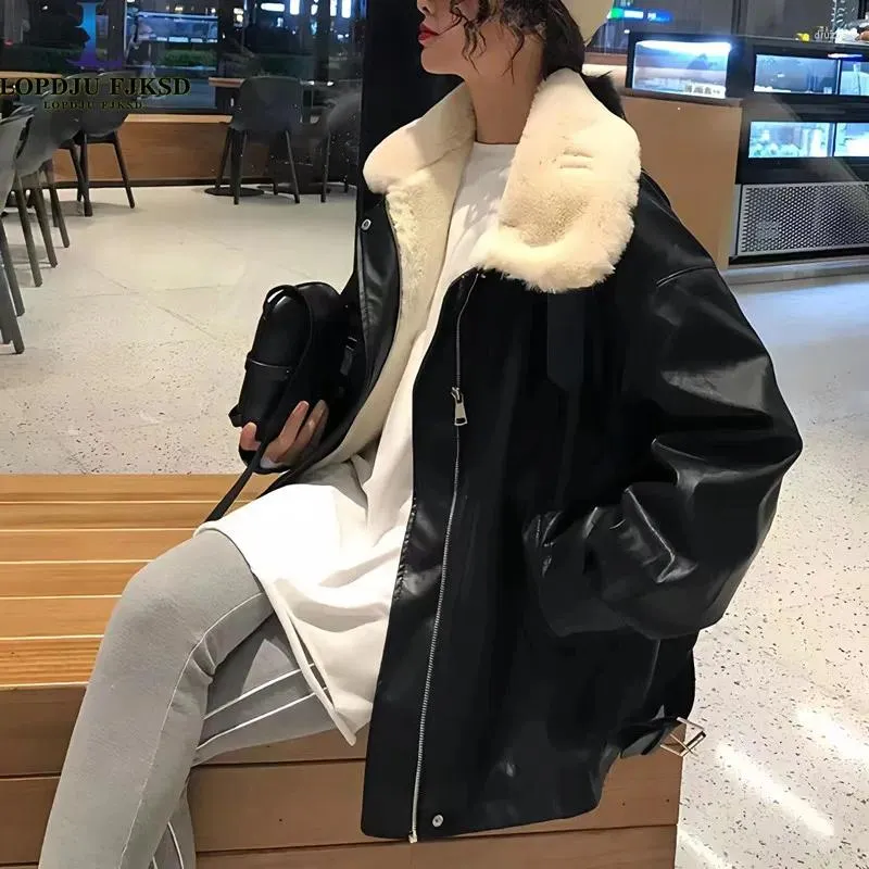 Vêtements d'extérieur en cuir Style Hong Kong pour femmes, Version coréenne, col en fourrure BF, costume de moto, coupe ample et épaisse, pour étudiantes, printemps automne