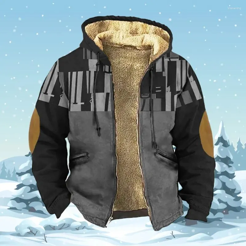 Moletons masculinos com capuz quente jaquetas de inverno homens zip-up velo casacos masculinos retalhos acolchoamento geométrico parka roupas blusão outerwear