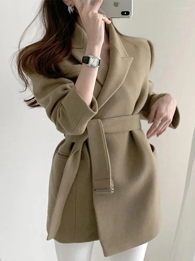 Women's Jackets Fashion Women Woolen Jacket Long Sleeve Elegant Waistband Wool Overgarment Coat 2023 Autumn Winter Black Clothes X369