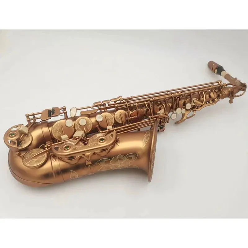 Högklassig antikfinish EB E-flat Alto Saxofon Sax Shell Key Carve Mönster Trävind Instrument med fall Övriga Aeccessaries