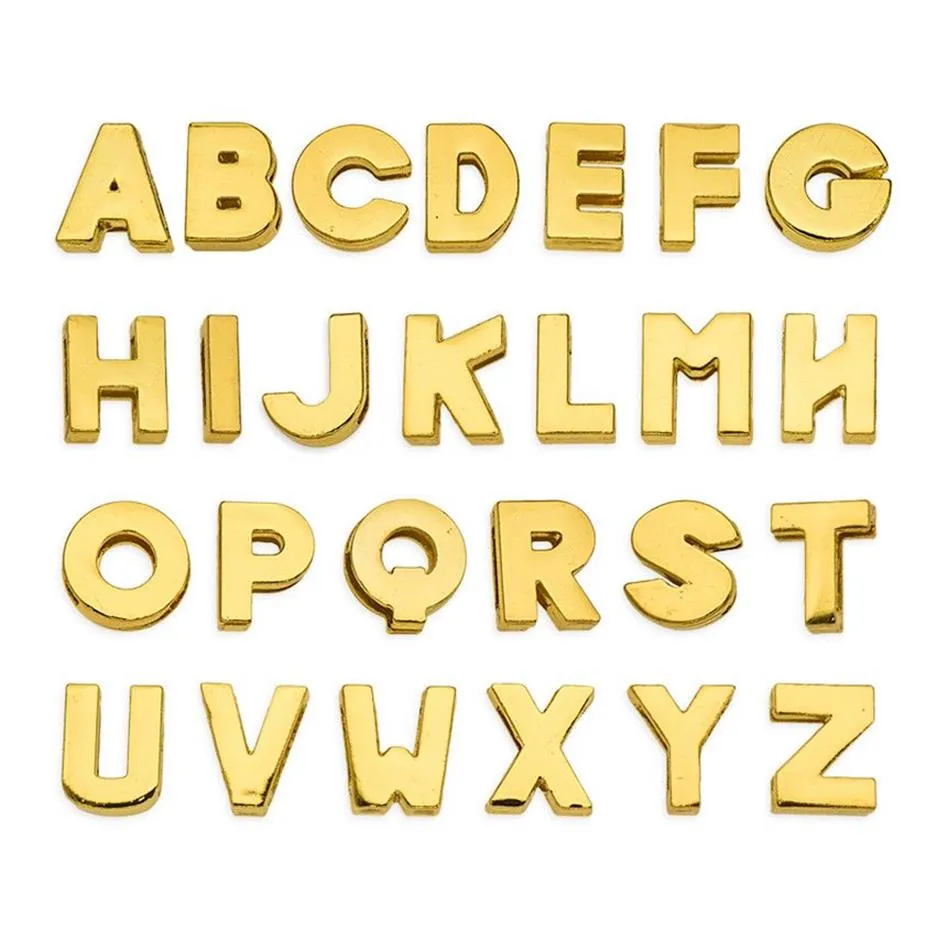 130 Uds. Letras del alfabeto inglés de 8mm A-Z letras deslizantes lisas doradas accesorio DIY apto para collar de mascota llavero de pulsera 347G