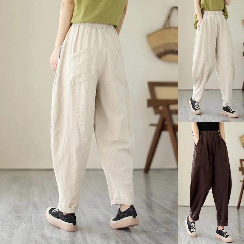Женские брюки 2023, женские свободные повседневные хлопковые льняные брюки Haren, однотонные эластичные мешковатые брюки с высокой талией и карманами