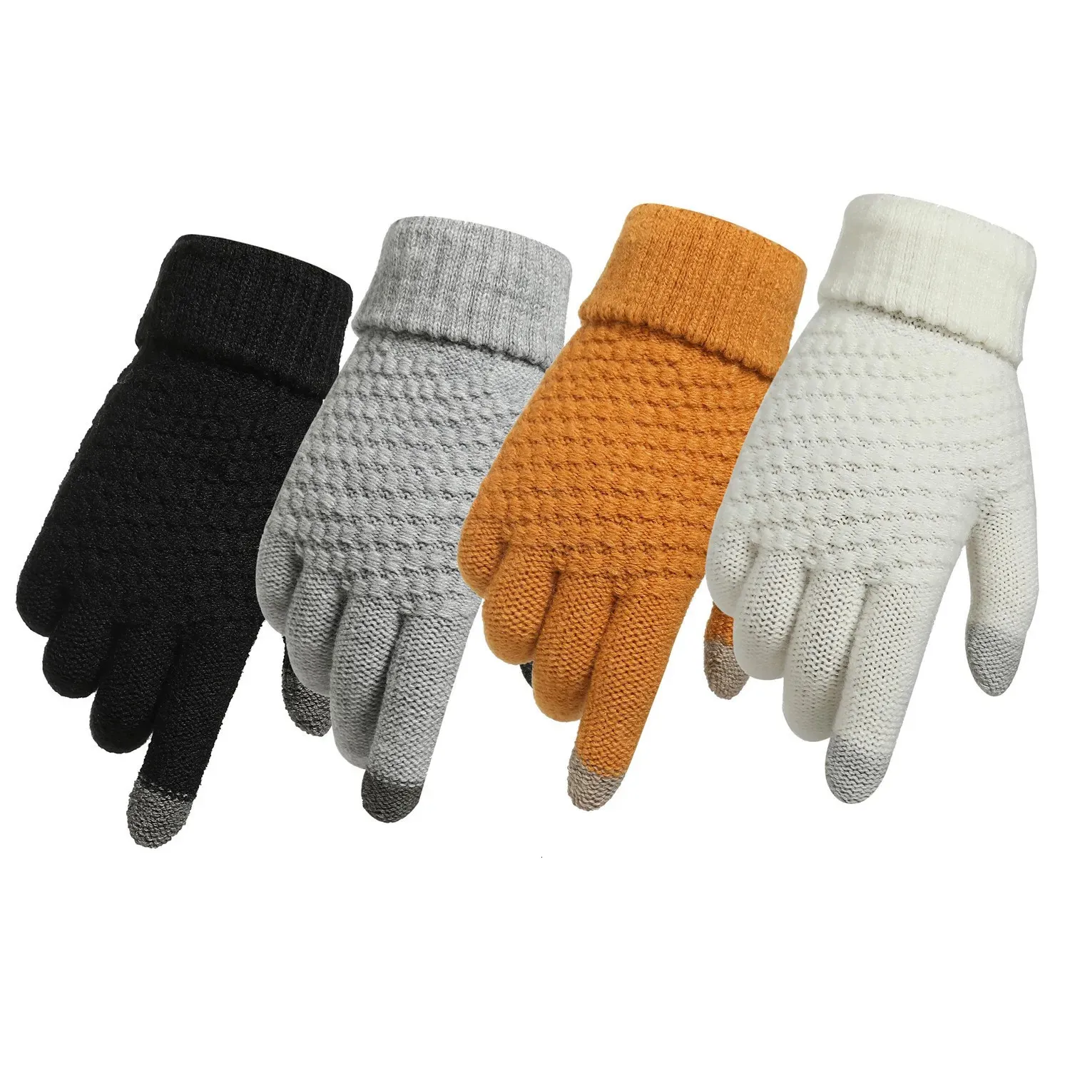Beş Parmak Eldivenleri Kadın Erkekler Sıcak Kış Dokunmatik Ekran Streç örgü eldivenleri yün tam parmak guantes kadın tığ işi eldiven 231204