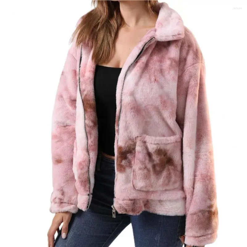 Women's Jackets Autumn Casual Contrast Plush Coat Lapel Warm Tie-dye Collar Design Women Cardigan For Daily Outwear