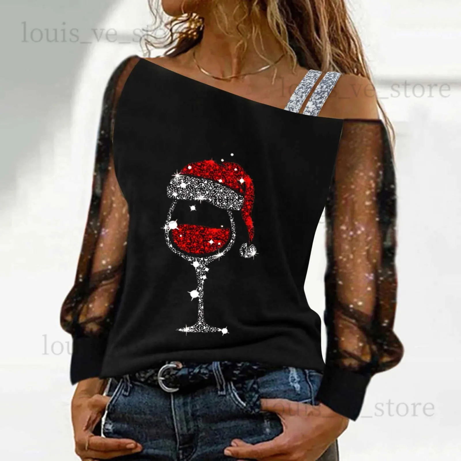 Women's T-Shirt Off Shoulder Women Christmas Blouse Wine Glass Print Xmas Blouse Sequined Splice Mesh Long Sleeve Female Tops Blusa Mujer T231204