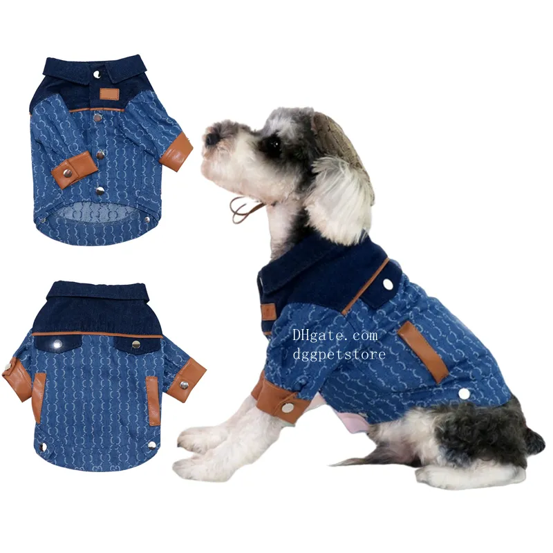 Abbigliamento per cani di marca Abbigliamento per cani di marca Modello classico di lettera Giacca per cani di lusso Cappotto invernale caldo per animali con colletto in pelle e polsini in pelle per cani di piccola taglia Blu XL A887