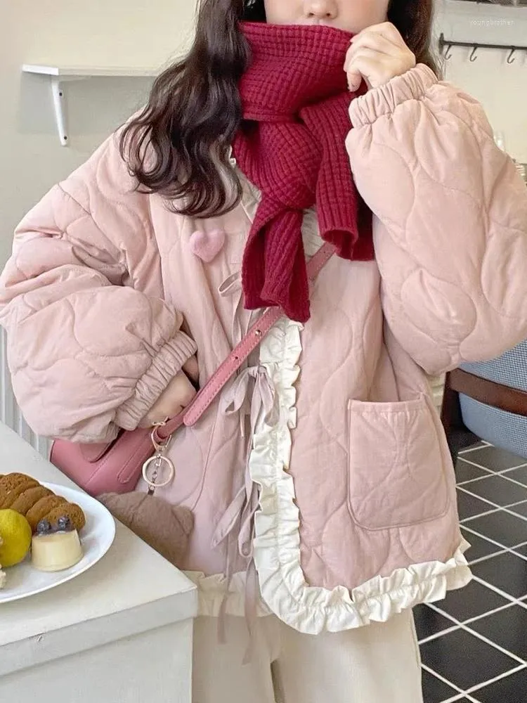 Kvinnors trenchrockar vinterjacka kvinnor koreansk mode japanska kawaii ruffles rosa ner tjej söt söt överdimensionerad casual lös spetsar upp