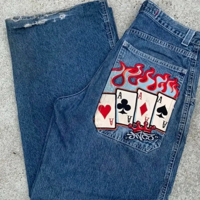 Mens Jeans Y2K Fashion Harajuku Hip Hop Poker Graphic Retro Blue Pocket Denim Pants Gothic High midja bred trojan häst 231202