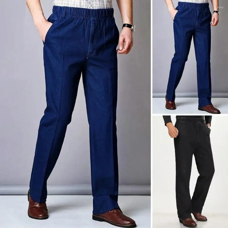Men's Jeans 2023 Men Elastic Waist Slim Fit High Pockets Casual Soft Straight Ankle-length Mid-aged Father Long Trousers