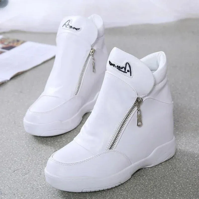 Height Increasing Shoes High Top Women Sneakers Spring Autumn Hidden Heel Casual Shoes Side Zip Women White Platform Wedge Rivet Shoes 231204