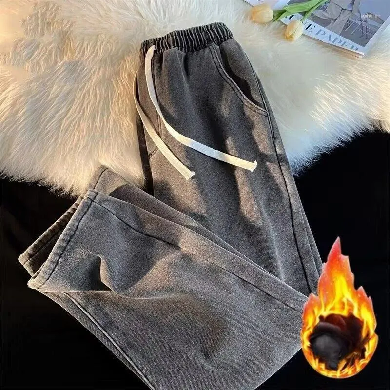 Mannen Jeans 2023 Mannen Herfst Winter Streetwear Elastische Taille Baggy Mannelijke Wijde Pijpen Denim Broek Vintage Dikke Warme Broek d586