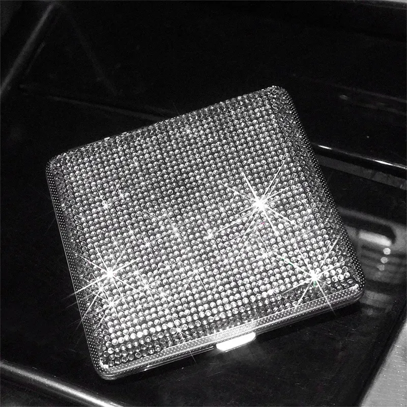 Stainless Steel Crystal Tobacco Cigarette Cases Shiny Diamond Smoking Holder Storage Stash Box Gift