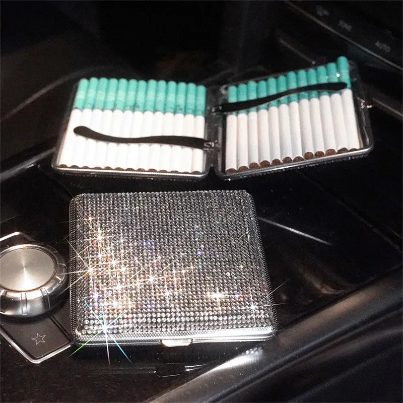 Stainless Steel Crystal Tobacco Cigarette Cases Shiny Diamond Smoking Holder Storage Stash Box Gift