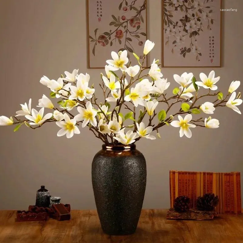 Fleurs décoratives artificielles 10 têtes fausse fleur de magnolia en soie longue tige pendaison de crémaillère table de jardin mariage bricolage fête bouquet de mariée décor